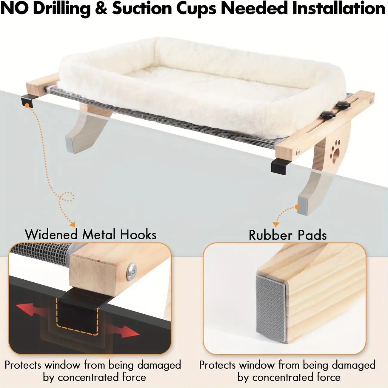 Indoor Adjustable Cat Window Hammock - Sturdy Frame with Paw Print Design, Easy Installation for Window Sills, Bedside, and Cabinets - Spacious Cat Bed, Ideal Pet Leisure Area | Decorative Pet Accessories | Safety Fixation Feature
