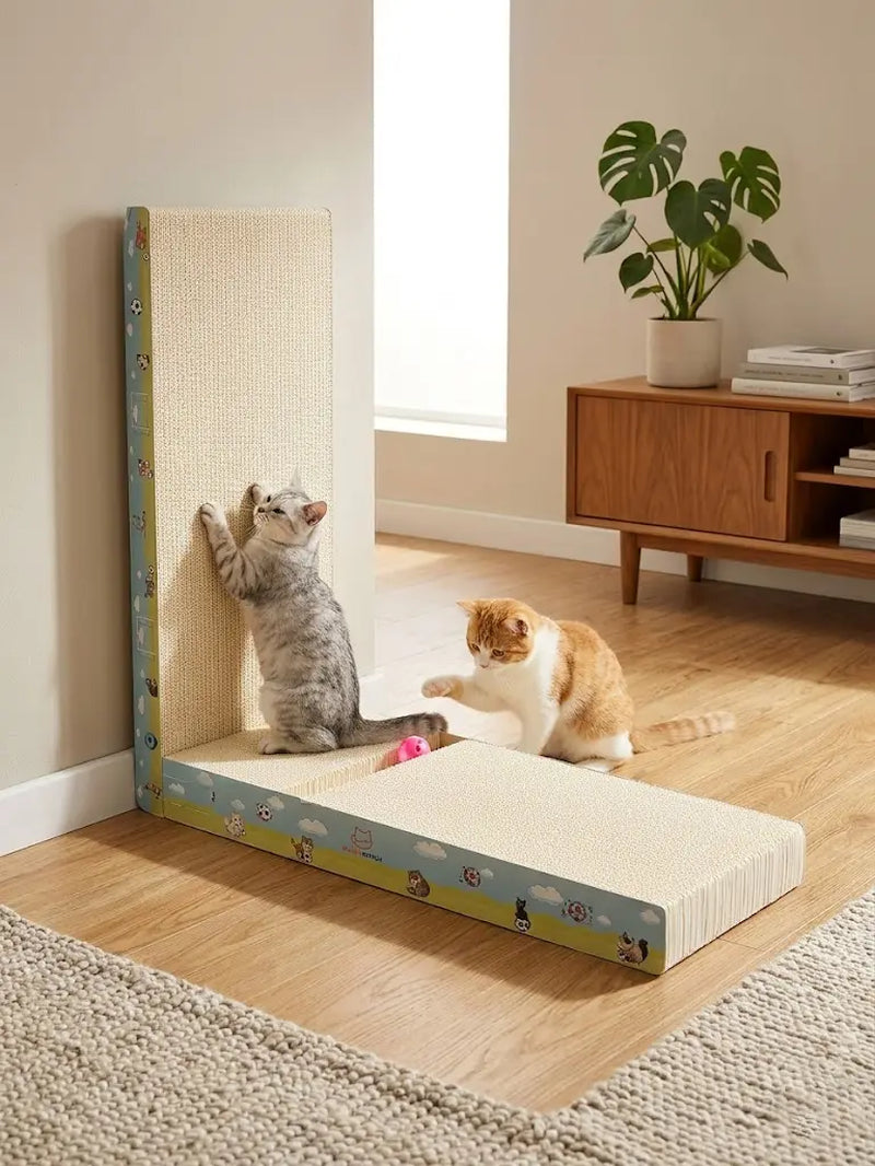 Premium L-Shaped Cat Scratcher - Non-Toxic, Durable Plant Fiber Scratching Board with Interactive Toy for Indoor Cats