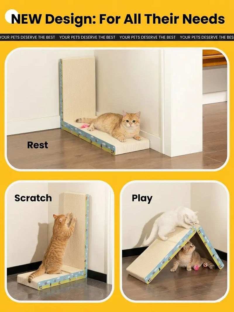 Premium L-Shaped Cat Scratcher - Non-Toxic, Durable Plant Fiber Scratching Board with Interactive Toy for Indoor Cats