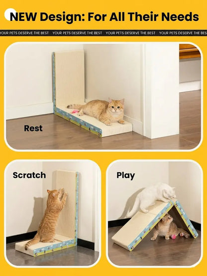 Premium L-Shaped Cat Scratcher - Non-Toxic, Durable Plant Fiber Scratching Board with Interactive Toy for Indoor Cats
