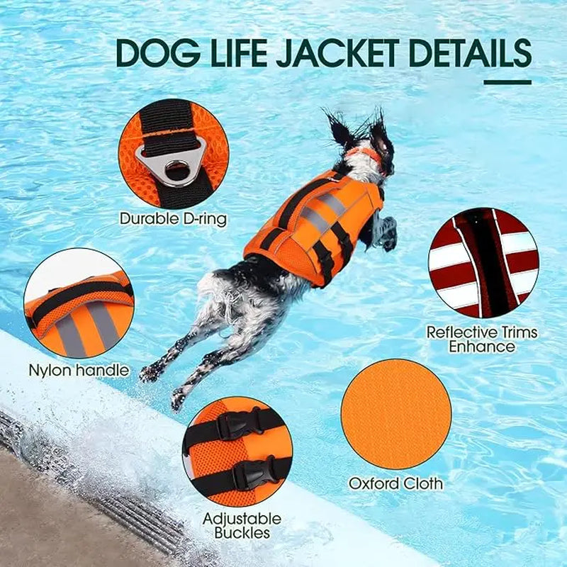 Kuoser Large Dog Life Jacket - High-Floatation Safety Vest for Swimming and Boating, Reflective Pet Life Preserver with Rescue Handle