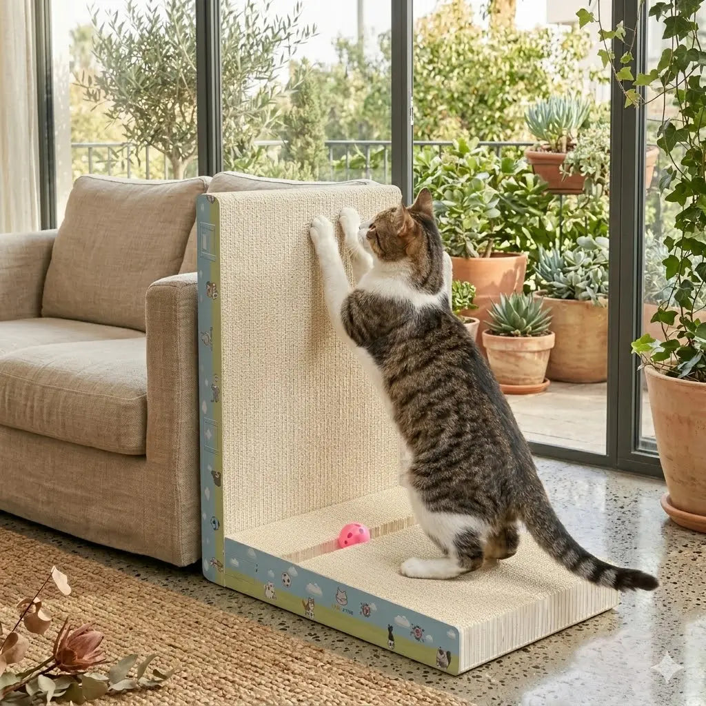 Premium L-Shaped Cat Scratcher - Non-Toxic, Durable Plant Fiber Scratching Board with Interactive Toy for Indoor Cats