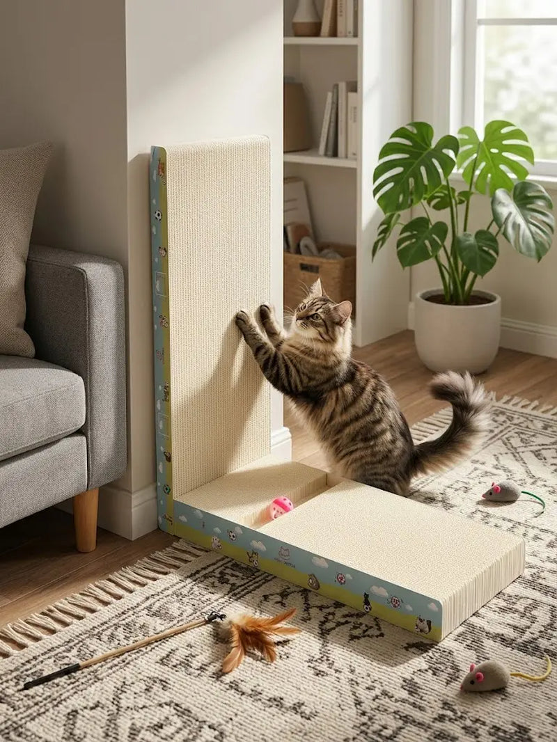 Premium L-Shaped Cat Scratcher - Non-Toxic, Durable Plant Fiber Scratching Board with Interactive Toy for Indoor Cats