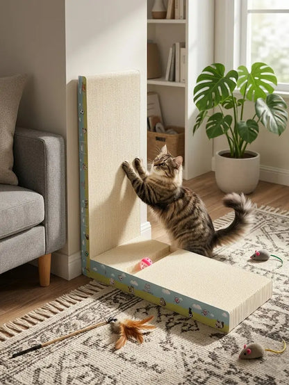 Premium L-Shaped Cat Scratcher - Non-Toxic, Durable Plant Fiber Scratching Board with Interactive Toy for Indoor Cats