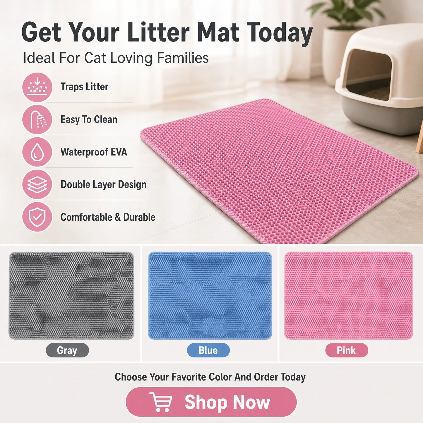 Large Double Layer Honeycomb Cat Litter Trapping Mat, 35x24 Inches, Non-Slip Waterproof and Urine-Proof Design, Ideal for Cat Litter Boxes, Pink