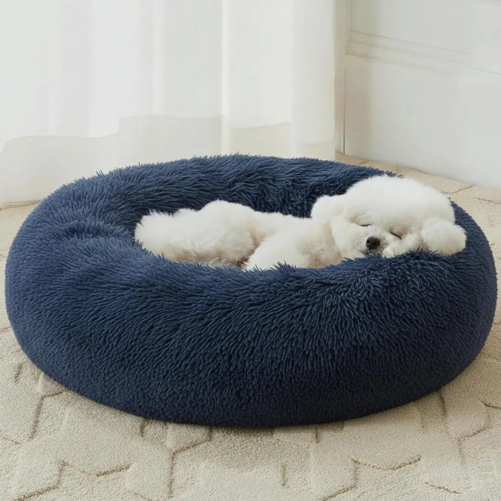 BFPETHOME Calming Donut Pet Bed - Plush Foam-Cushioned Design for Deep Rest and Anxiety Relief, Suitable for Small Dogs and Large Cats, 30x30x8 In, Navy Grey
