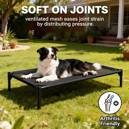 Elevated Dog Bed - Breathable and Chew-Proof Cooling Cot for Large Dogs, Ideal for Indoor, Outdoor, and Camping Use, Features Washable Mesh and Anti-Slip Feet, Durable and Comfortable Design in Black