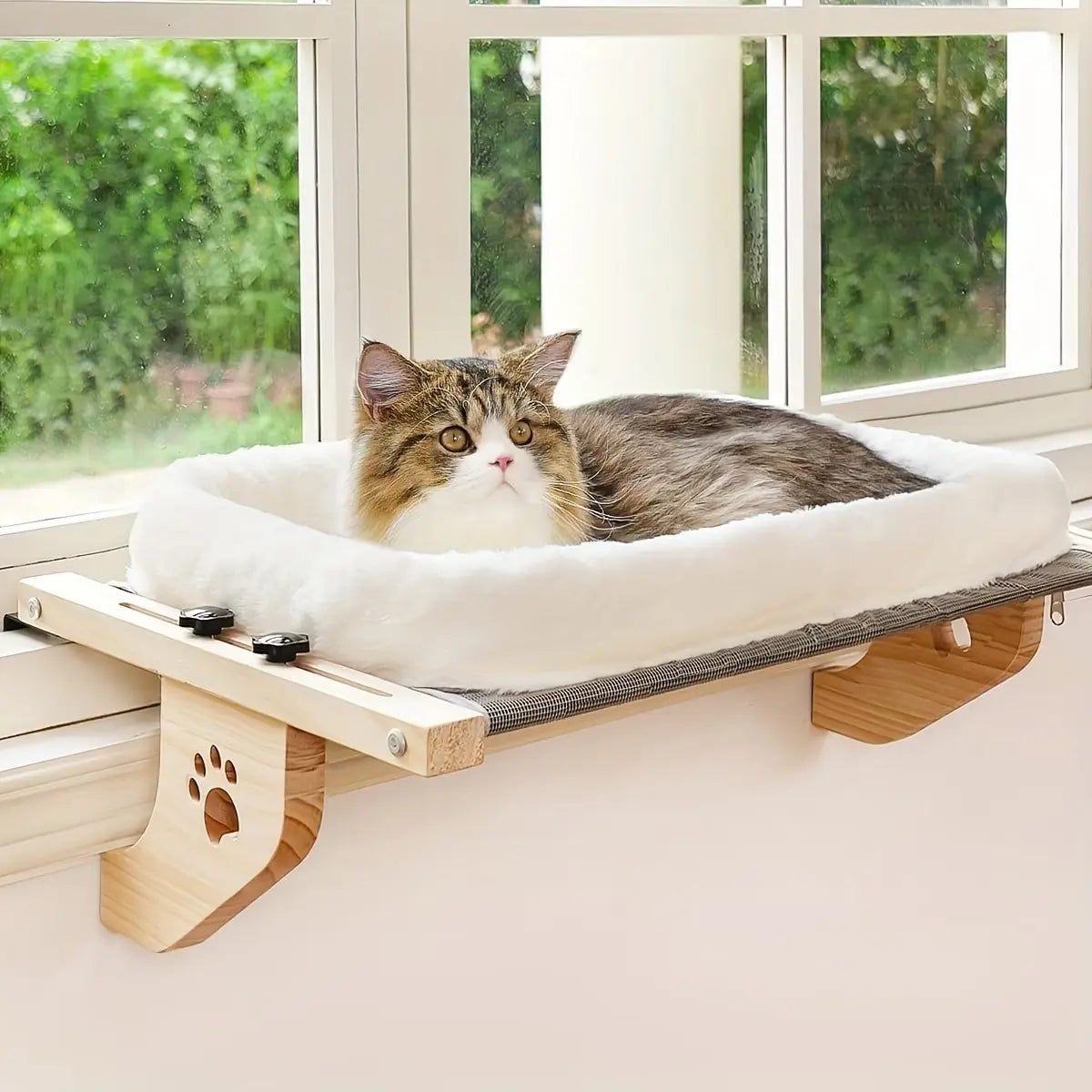 Indoor Adjustable Cat Window Hammock - Sturdy Frame with Paw Print Design, Easy Installation for Window Sills, Bedside, and Cabinets - Spacious Cat Bed, Ideal Pet Leisure Area | Decorative Pet Accessories | Safety Fixation Feature