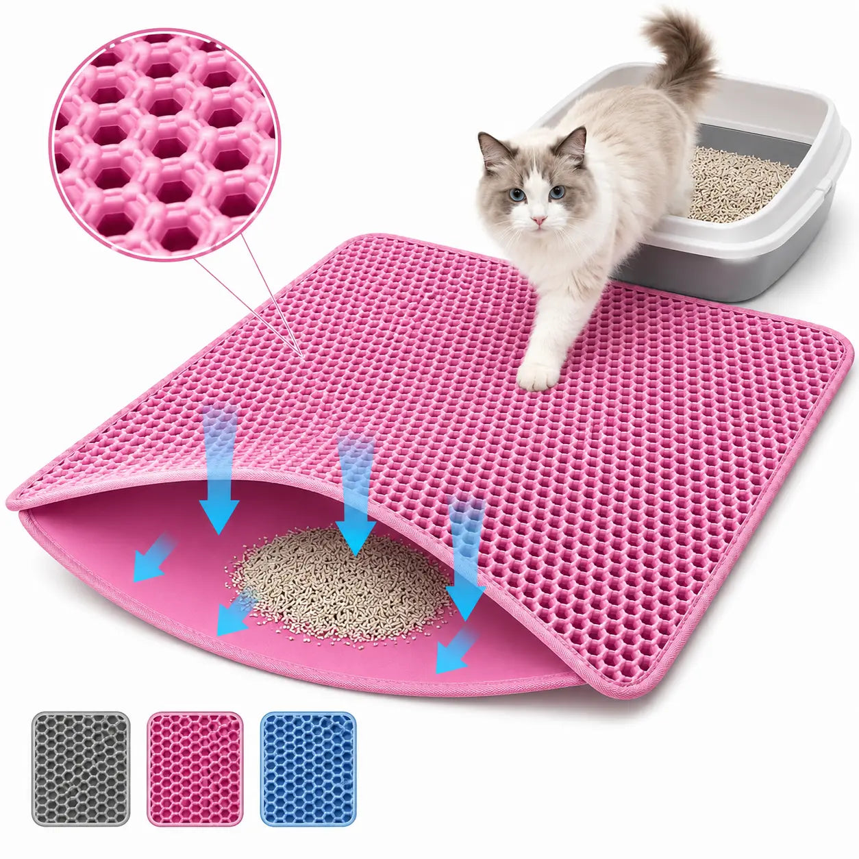 Large Double Layer Honeycomb Cat Litter Trapping Mat, 35x24 Inches, Non-Slip Waterproof and Urine-Proof Design, Ideal for Cat Litter Boxes, Pink