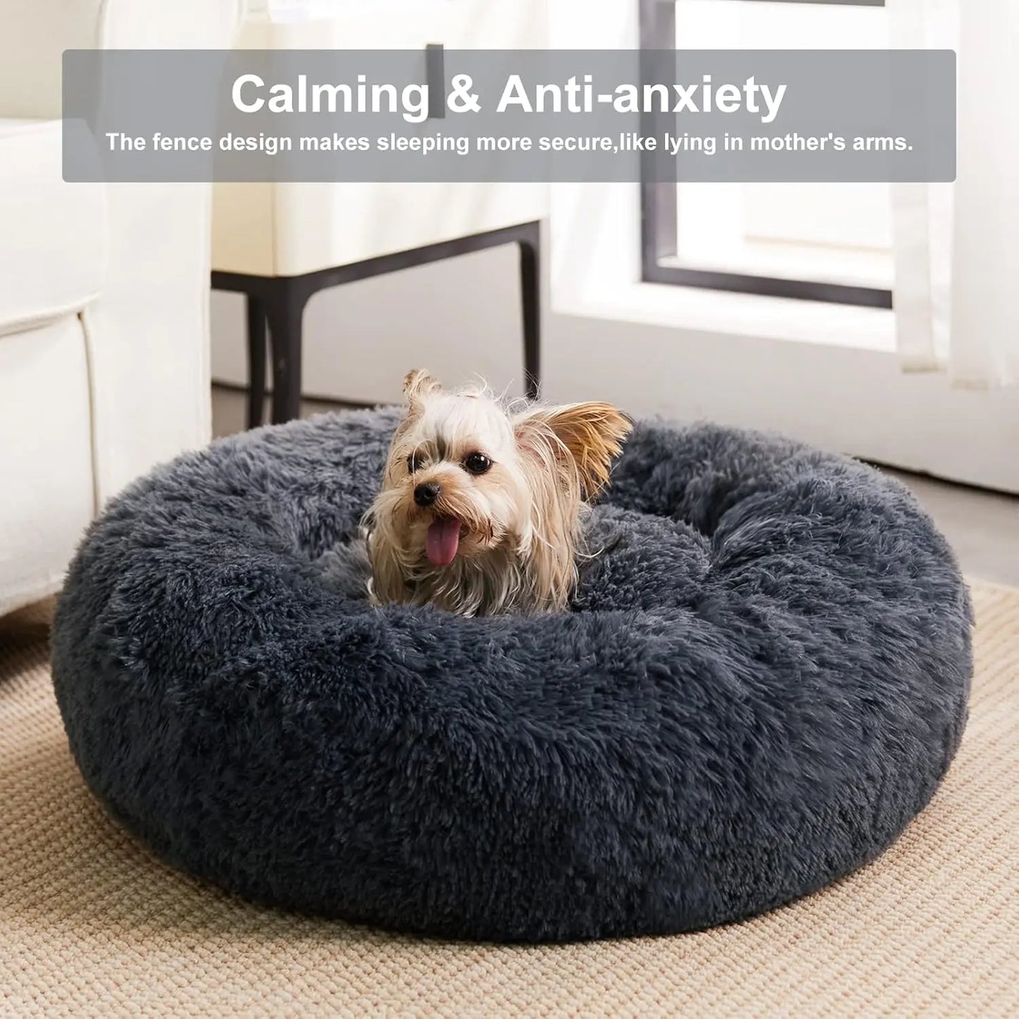 BFPETHOME Calming Donut Pet Bed - Plush Foam-Cushioned Design for Deep Rest and Anxiety Relief, Suitable for Small Dogs and Large Cats, 30x30x8 In, Navy Grey