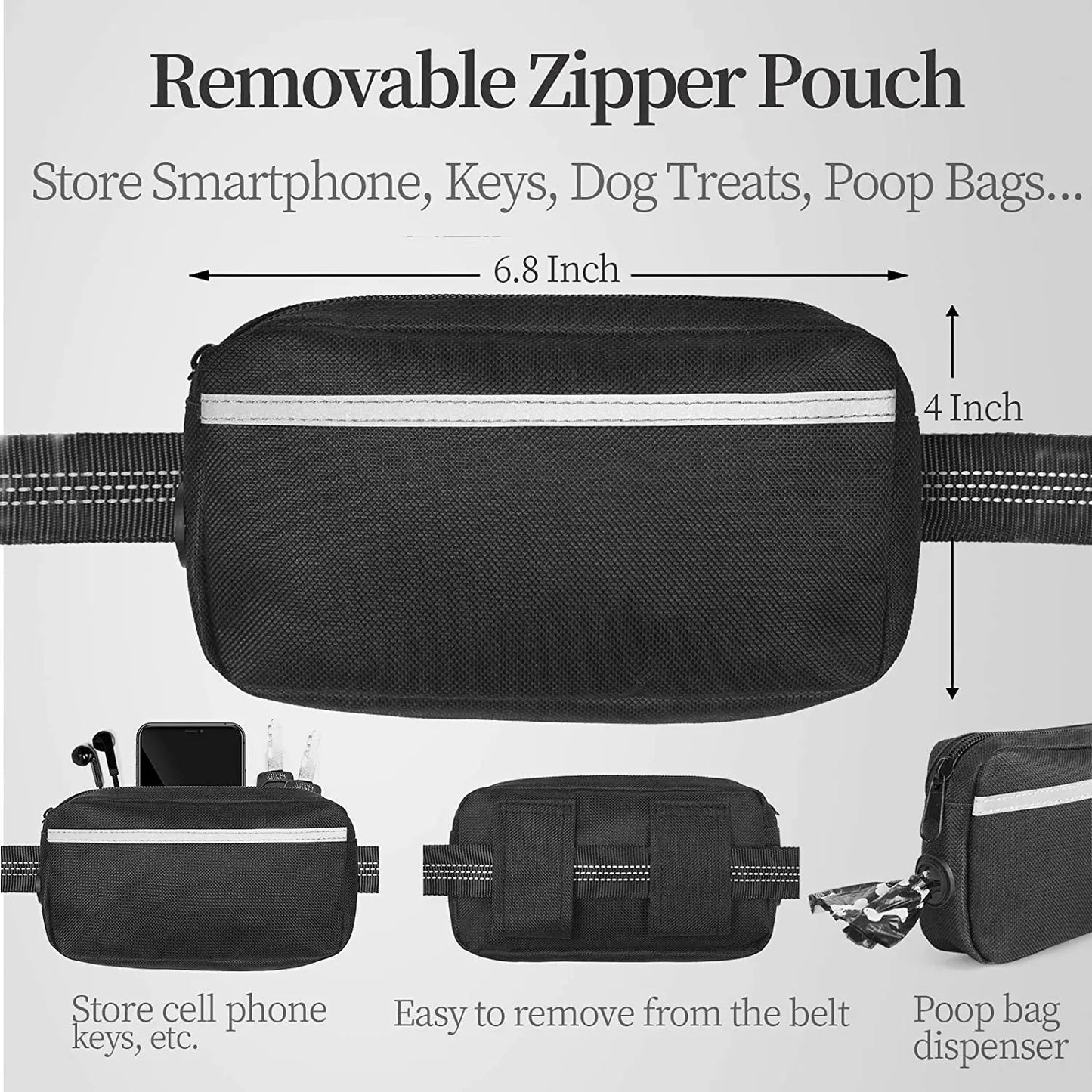 Iyoshop Hands-Free Dog Leash with Zipper Pouch, Dual Padded Handles, and Durable Bungee for Walking, Jogging, and Running (Medium, 8-25 lbs, Black)