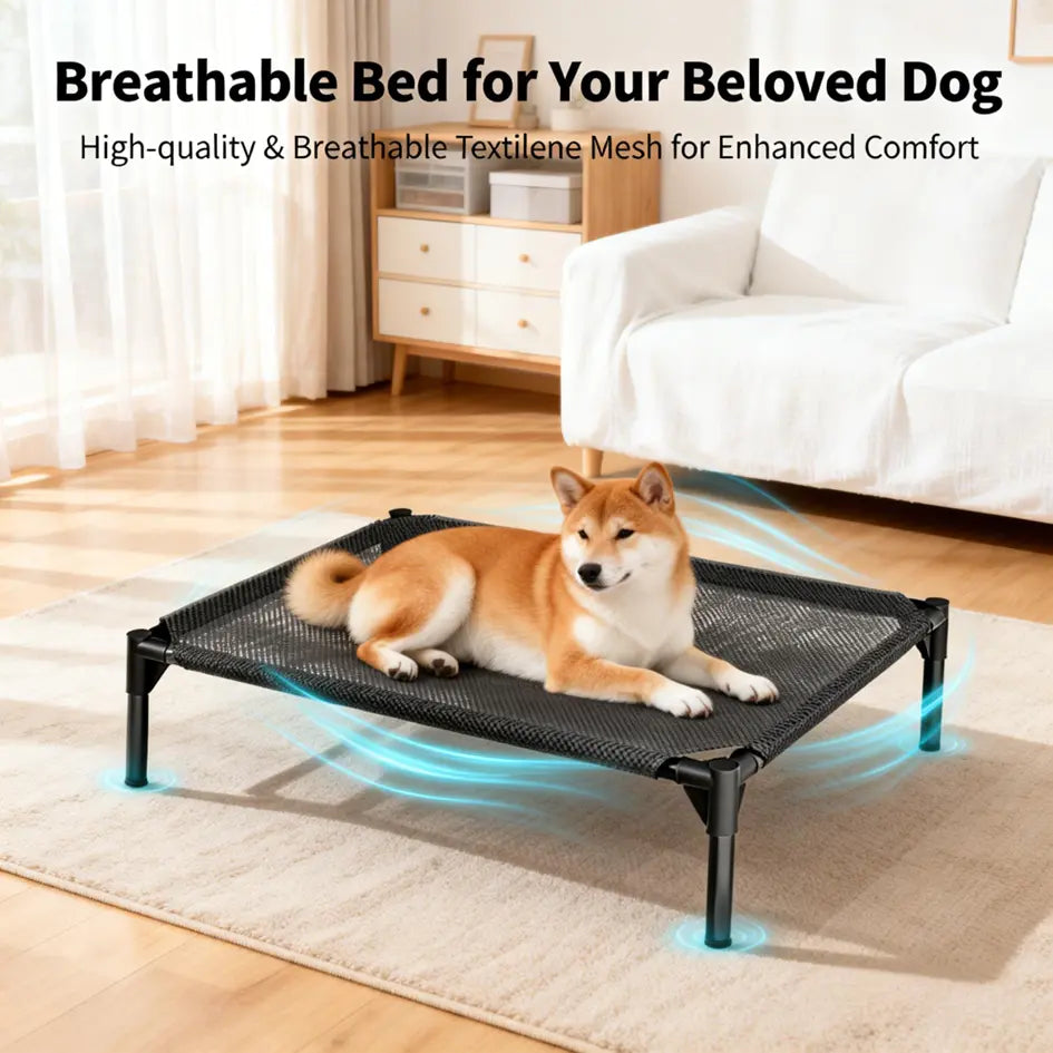 Elevated Dog Bed - Breathable and Chew-Proof Cooling Cot for Large Dogs, Ideal for Indoor, Outdoor, and Camping Use, Features Washable Mesh and Anti-Slip Feet, Durable and Comfortable Design in Black