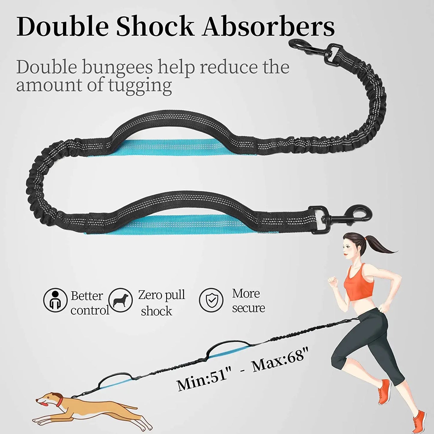 Iyoshop Hands-Free Dog Leash with Zipper Pouch, Dual Padded Handles, and Durable Bungee for Walking, Jogging, and Running (Medium, 8-25 lbs, Black)