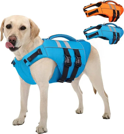 Kuoser Large Dog Life Jacket - High-Floatation Safety Vest for Swimming and Boating, Reflective Pet Life Preserver with Rescue Handle