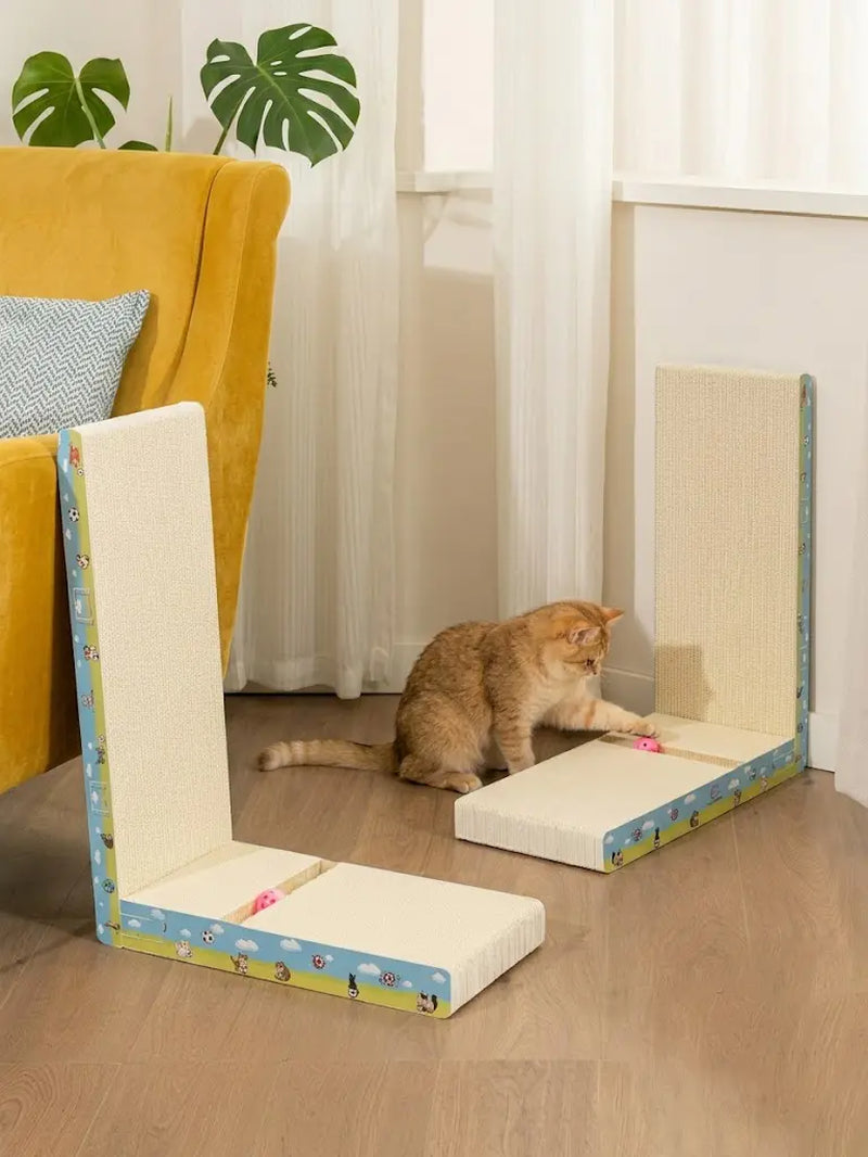 Premium L-Shaped Cat Scratcher - Non-Toxic, Durable Plant Fiber Scratching Board with Interactive Toy for Indoor Cats