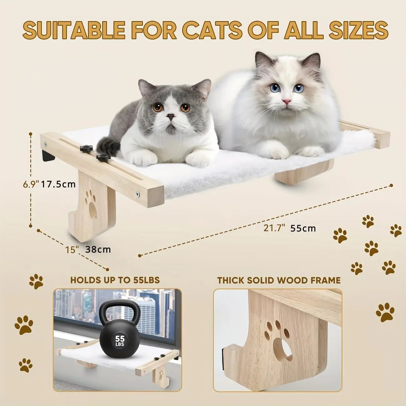 Indoor Adjustable Cat Window Hammock - Sturdy Frame with Paw Print Design, Easy Installation for Window Sills, Bedside, and Cabinets - Spacious Cat Bed, Ideal Pet Leisure Area | Decorative Pet Accessories | Safety Fixation Feature