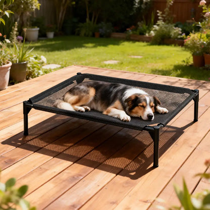 Elevated Dog Bed - Breathable and Chew-Proof Cooling Cot for Large Dogs, Ideal for Indoor, Outdoor, and Camping Use, Features Washable Mesh and Anti-Slip Feet, Durable and Comfortable Design in Black