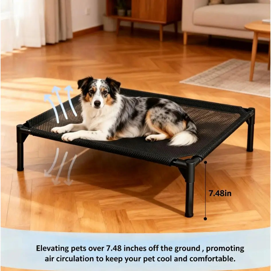 Elevated Dog Bed - Breathable and Chew-Proof Cooling Cot for Large Dogs, Ideal for Indoor, Outdoor, and Camping Use, Features Washable Mesh and Anti-Slip Feet, Durable and Comfortable Design in Black